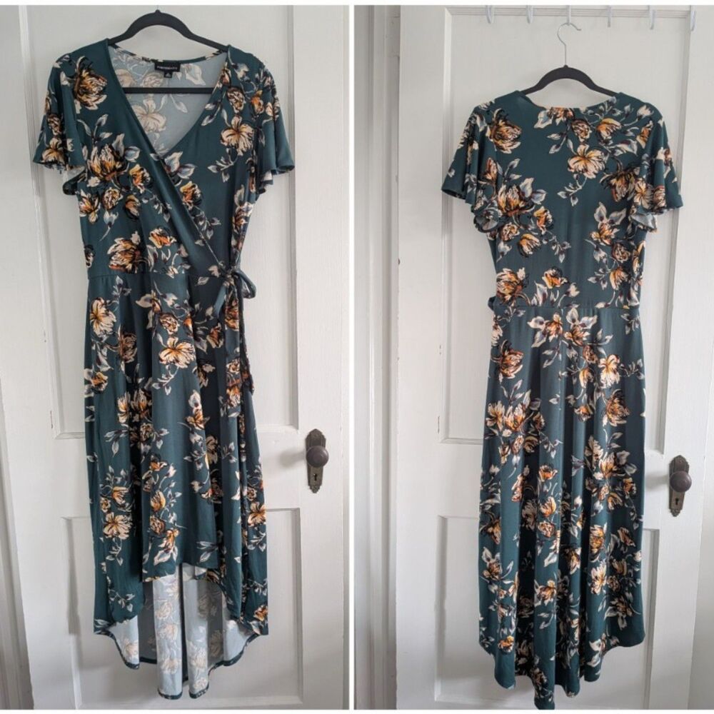 Fortune + Ivy Faux Wrap Dress Sz XL Green Orange Floral Midi Hi Low Holiday